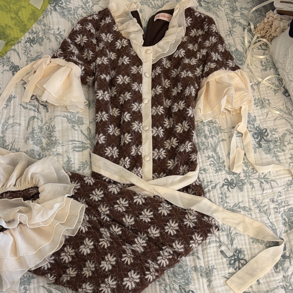 Ivy City Co Brown & Cream Floral Knit Robe Dress with Ruffle Trim